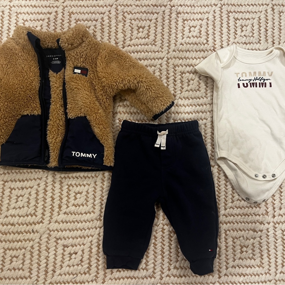 Tommy Hilfiger Tan Sherpa Jacket Set with Navy Pants and White Onesie